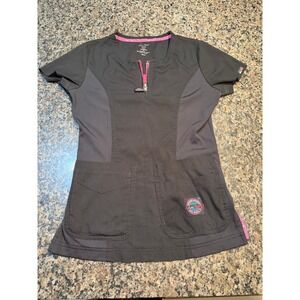 Koi Lite Serenity Scrub Top‎ XXS Charcoal Grey Pink Zip Front Slim Fit 317
